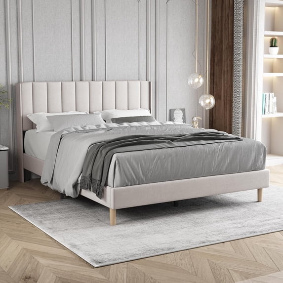 AUFANK Queen Bed Frame Upholstered Platform with Wooden Slats, Noise-Free, Beige