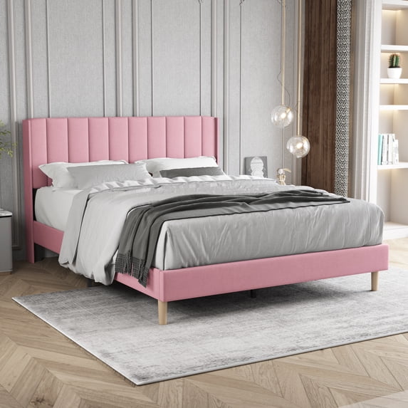 AUFANK Queen Bed Frame Upholstered Platform with Wooden Slats, Noise-Free, Pink