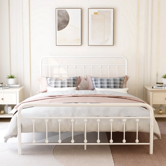 AUFANK Queen Size Platform Metal Bed Frame Foundation Heavy Duty Steel Slabs White