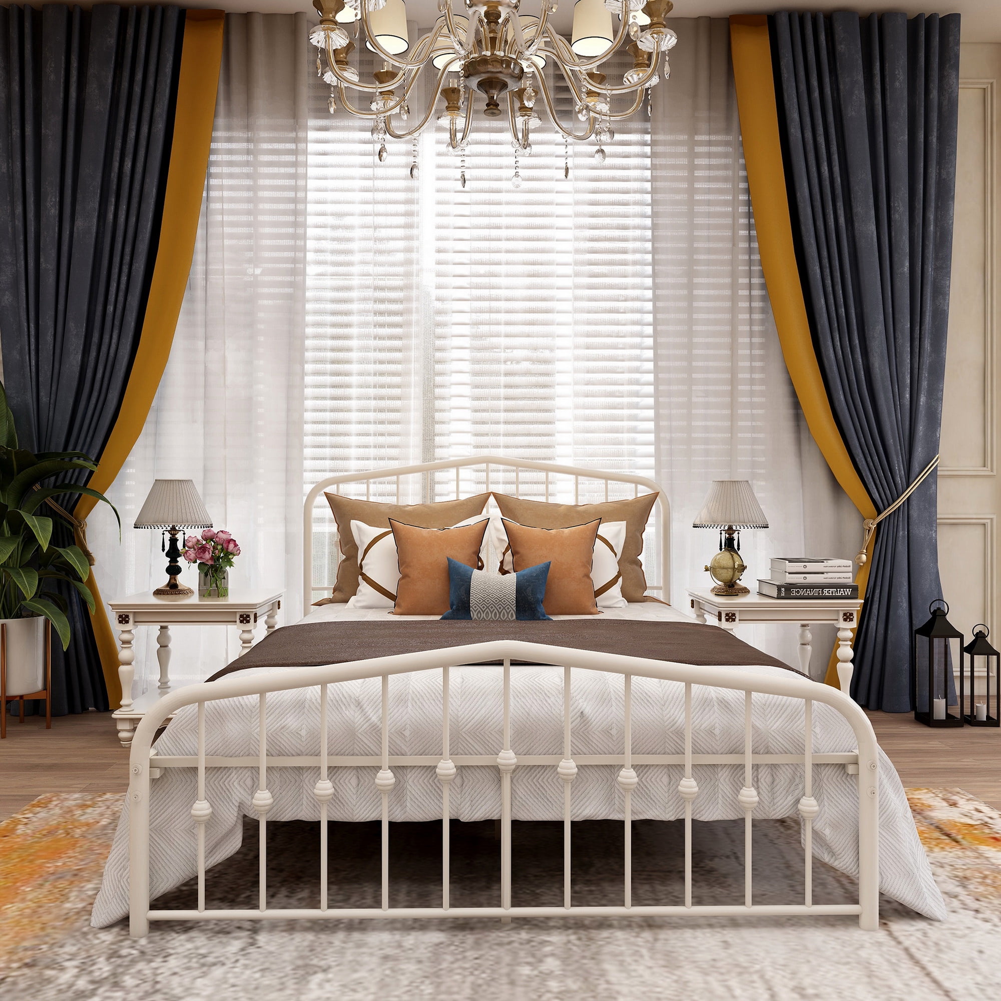 Queen White Metal Spindle Bed Frame with Slats