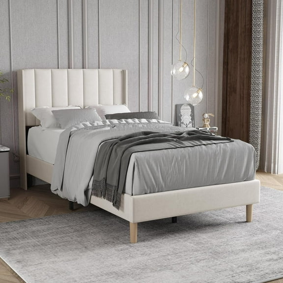 AUFANK Twin Bed Frame Upholstered Platform with Wooden Slats, Noise-Free, Beige