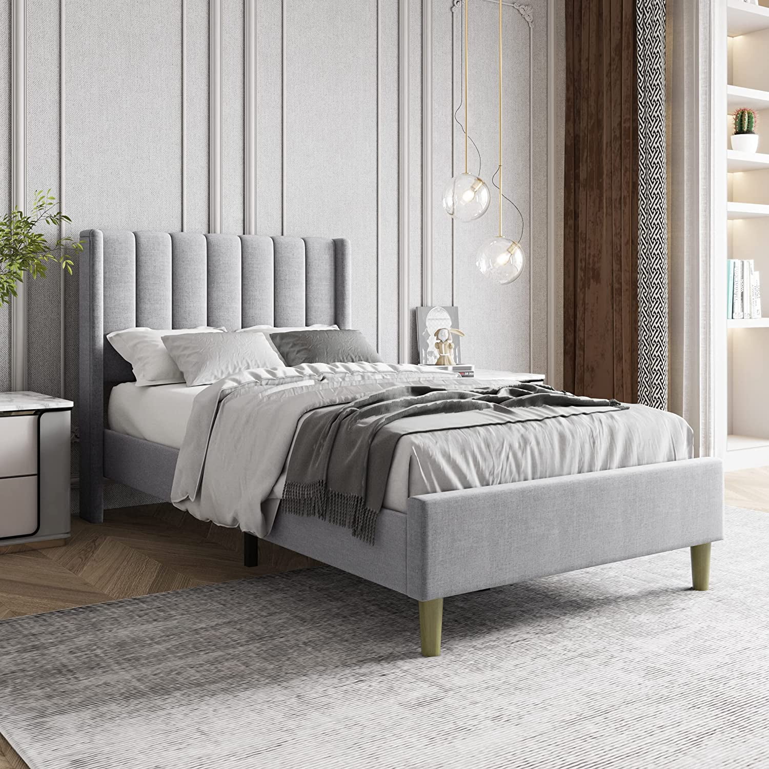 AUFANK Twin Upholstered Bed Frame with Storage Wooden Slats Light Grey