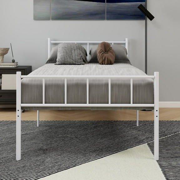 AUFANK Twin Size Classic Metal Platform Bed Frame-Mattress Foundation Steel Slat Support, White