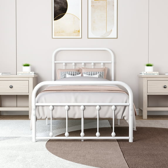 AUFANK Twin XL Size Platform Metal Bed Frame Foundation Heavy Duty Steel Slabs White