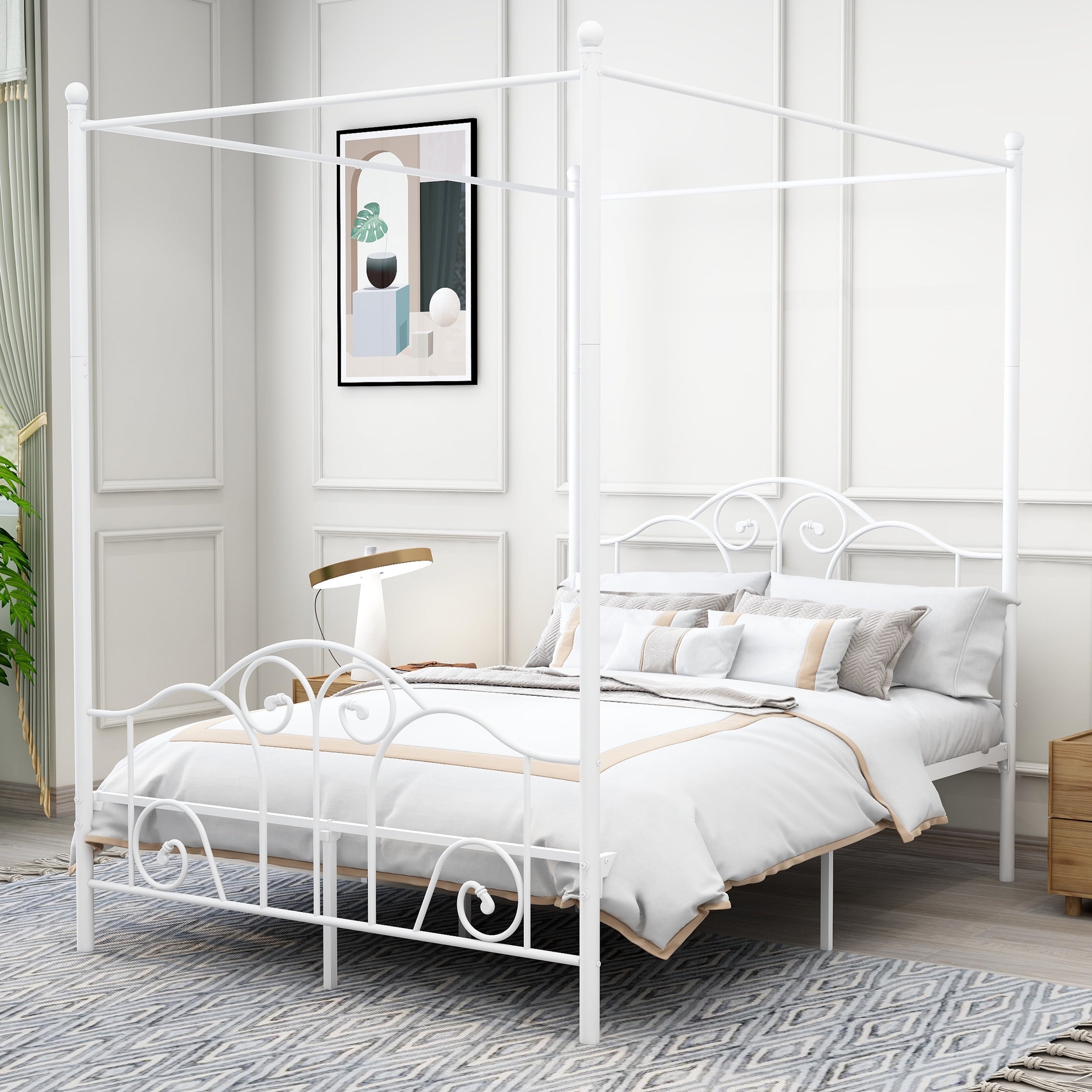 AUFANK Vintage Four Post Metal Canopy Bed Frame, Full Size, White