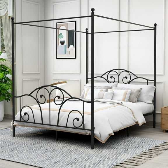 AUFANK Vintage Four Post Metal Canopy Bed Frame, Queen Size, Black