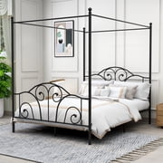 Aufank Vintage Four Post Metal Canopy Bed Frame Black Queen