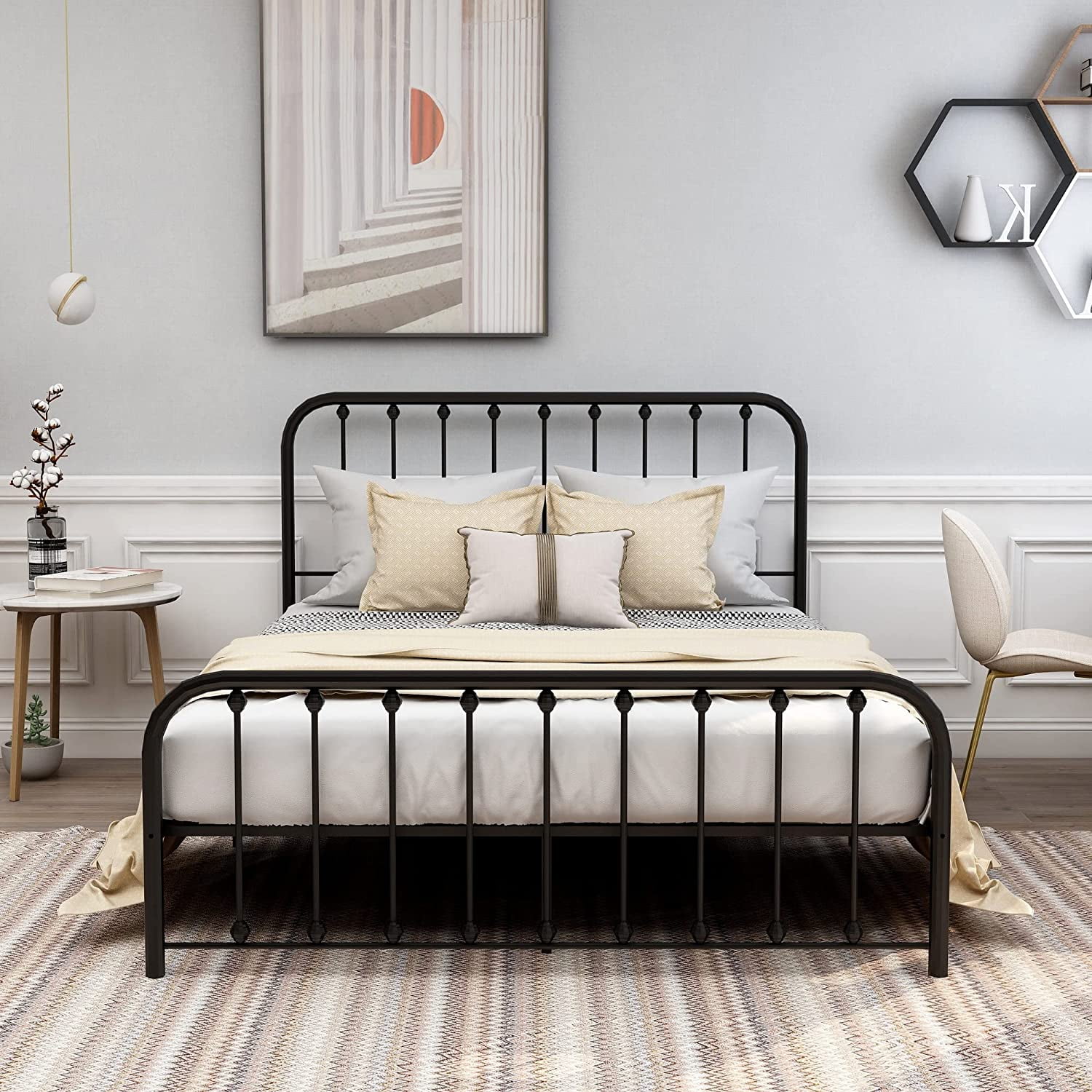 AUFANK Vintage Queen Platform Metal Bed Frame Heavy Duty Black