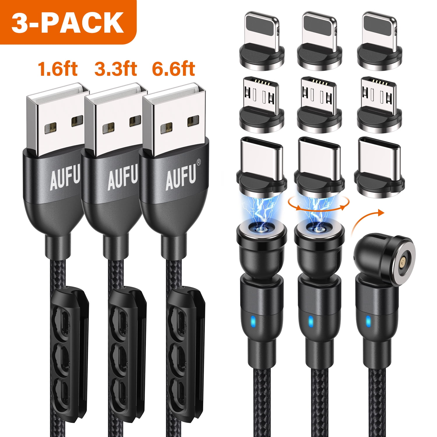 AUFU 3 in 1 Magnetic Charging Cable [3Pack-6.6ft/3.3ft/1.6ft], 540