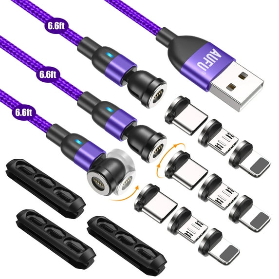 AUFU Magnetic Charging Cable 3Pack 6.6ft, 540 Degree 3 in 1 Magnetic Phone Charger 3A Fast Charging Data Sync