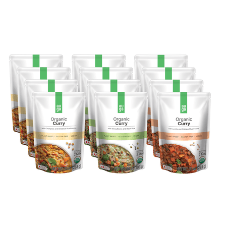 AUGA Organic Curry Meal Variety Bundle, 10oz (12-pack) (Green, Red, Yellow) Vegan Plant Based Vegetarian