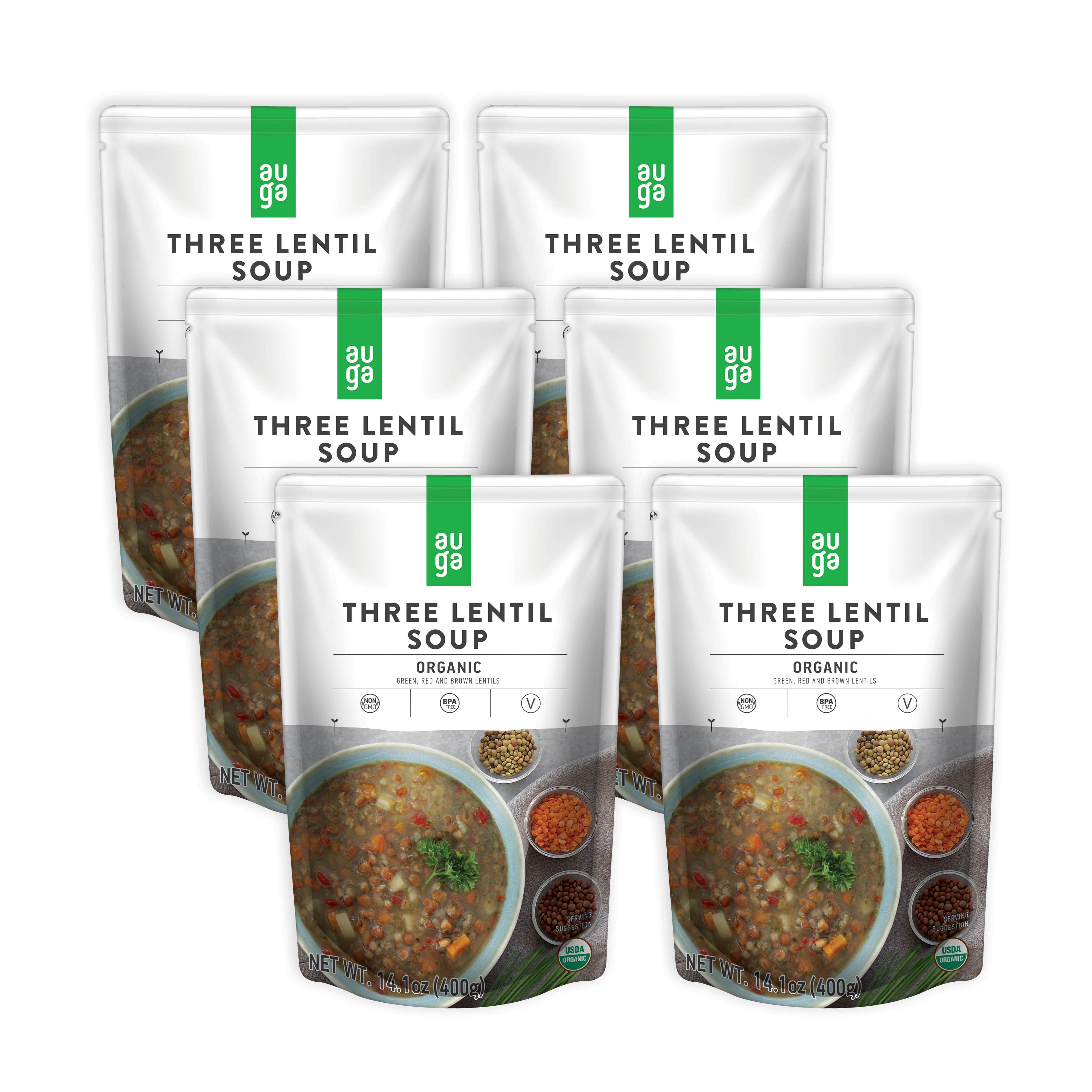 AUGA Organic Three Lentil Organic Soup, 14.1oz (6-pack) Vegan Plant Based  Vegetarian