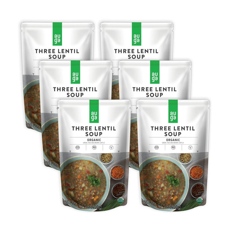 AUGA Organic Three Lentil Organic Soup 14.1oz 6 pack Vegan Plant Based Vegetarian
