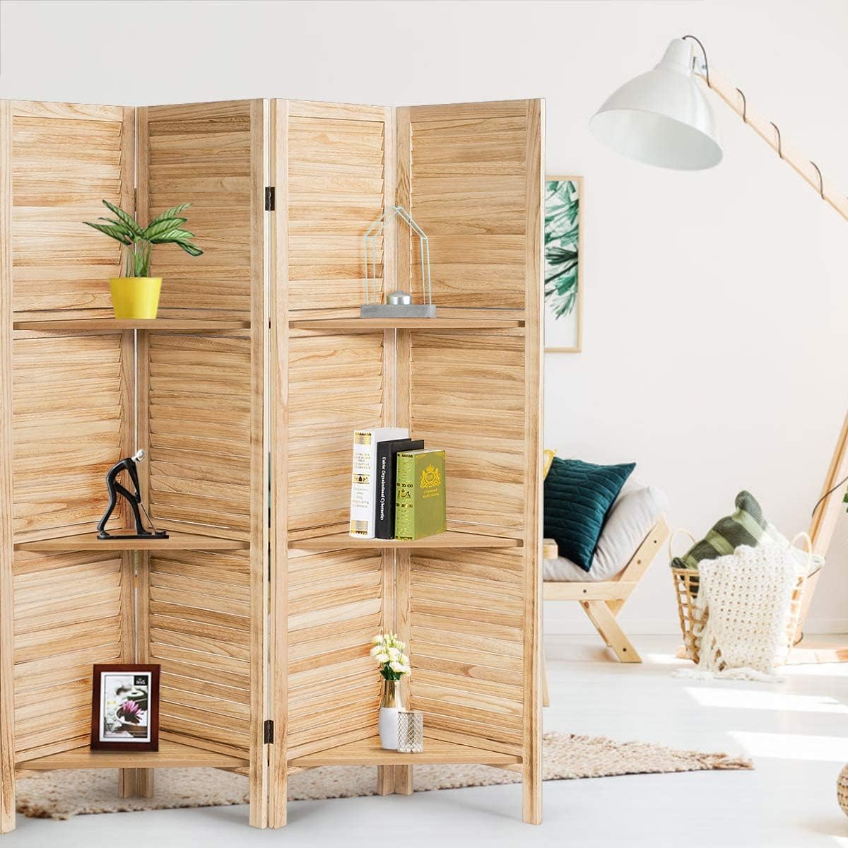 AUGESTER 4 Panel 5.6 Ft Room Divider with 3 Display Shelves, Folding ...