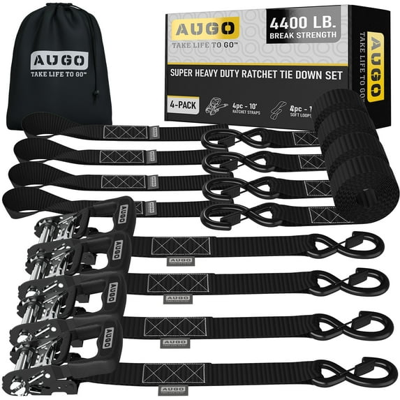AUGO Heavy Duty Ratchet Straps & Soft Loops – Pack of 4 Extra Strong 1.5” by 10’ Ratchet Straps w/ S-Hook Safety Latches & 4 Soft Loop Tie Downs – 4400Lb Break Strength for Motorcycles, ATVs, Etc.