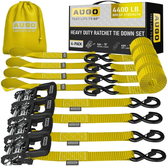 AUGO Heavy Duty Ratchet Straps & Soft Loops – Pack of 4 Extra Strong 1.5” by 15’ Ratchet Straps w/ S-Hook Safety Latches & 4 Soft Loop Tie Downs – 4400Lb Break Strength for Motorcycles, ATVs, Etc.