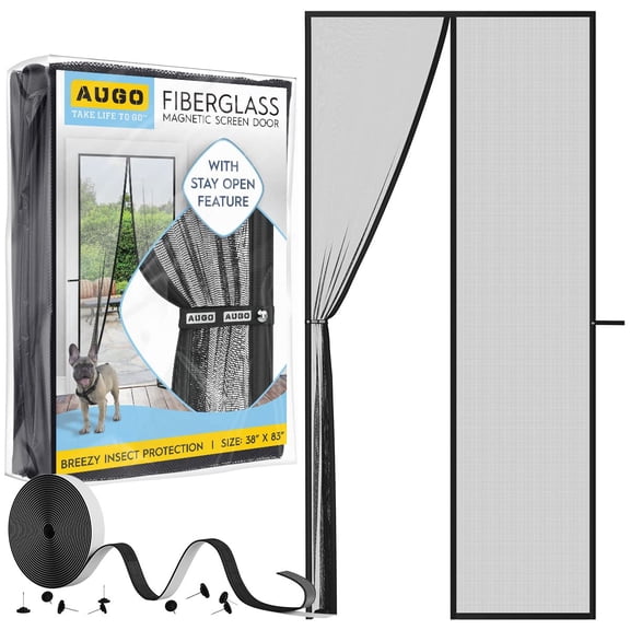 AUGO Magnetic Fiberglass Screen Door - Self Sealing, Heavy Duty, Hands Free Mesh Partition Keeps Bugs Out - Door Screen Magnetic Closure - Patent Pending Keep Open Feature - 38 Inch x 83 Inch