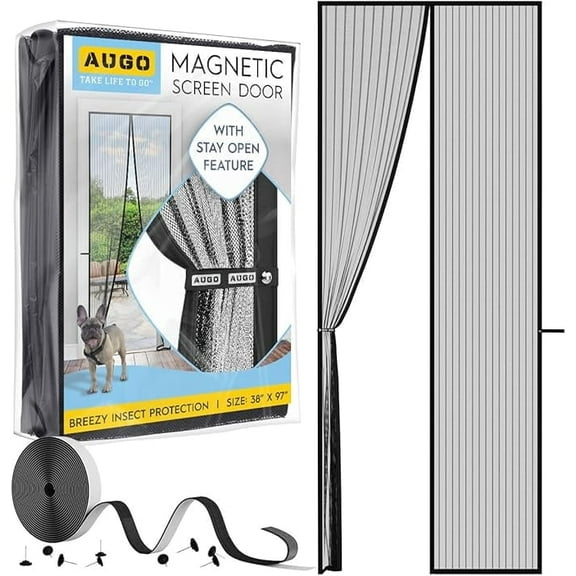 AUGO Magnetic Screen Door - Self Sealing, Heavy Duty, Hands Free Mesh Partition Keeps Bugs Out - Pet and Kid Friendly - Patent Pending Keep Open Feature - 38 Inch x 97 Inch
