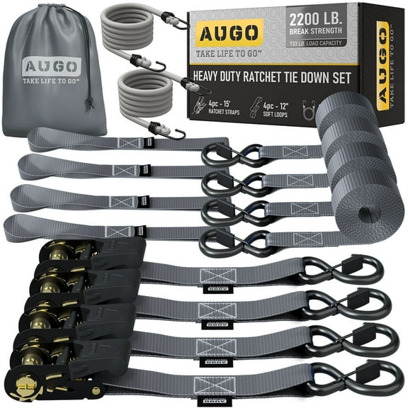 AUGO Ratchet Straps Heavy Duty 4 Pack -15 FT - 2200 LB Break Strength – Ratchet Tie Down Straps with Safety Lock S Hooks - Cargo Straps for Moving, Appliances, Motorcycle – Soft Loop Tie Down Straps