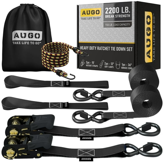 AUGO Ratchet Tie Down Straps -2 PK– 15 FT – 2,200 LB Break Strength – Safety Lock S Hooks –for Moving Cargo, Appliances, Lawn Equipment, Motorcycle – Includes 1 Bungee Cord, 2 Soft Loops, Storage Bag