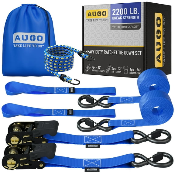 AUGO Ratchet Tie Down Straps -2 PK– 15 FT – 2,200 LB Break Strength – Safety Lock S Hooks –for Moving Cargo, Appliances, Lawn Equipment, Motorcycle – Includes 1 Bungee Cord, 2 Soft Loops, Storage Bag