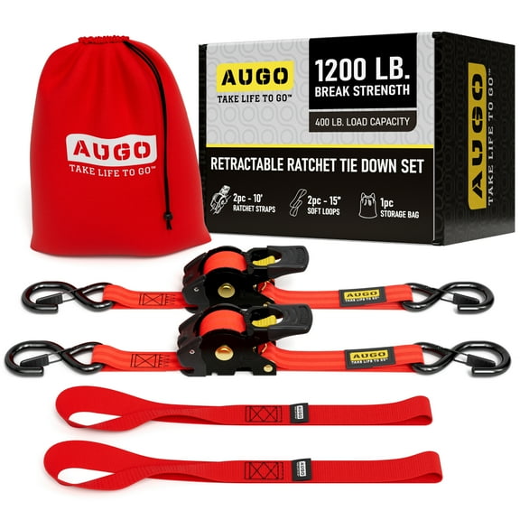 AUGO Retractable Ratchet Straps | 2 Heavy Duty Ratchet Straps Self Retractable Tie Down Straps with Soft Loops & Storage Bag for Motorcycle, Truck, Trailer, Cargo Van |1200 Lb Break Strength 1” x 10’