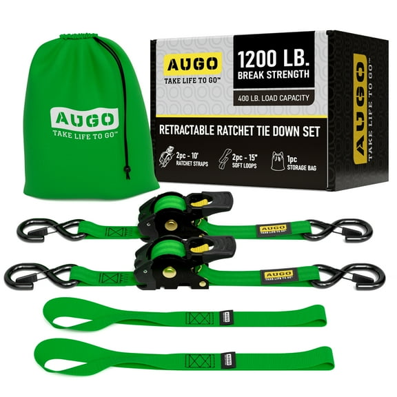 AUGO Retractable Ratchet Straps | 2 Heavy Duty Ratchet Straps Self Retractable Tie Down Straps with Soft Loops & Storage Bag for Motorcycle, Truck, Trailer, Cargo Van |1200 Lb Break Strength 1” x 10’