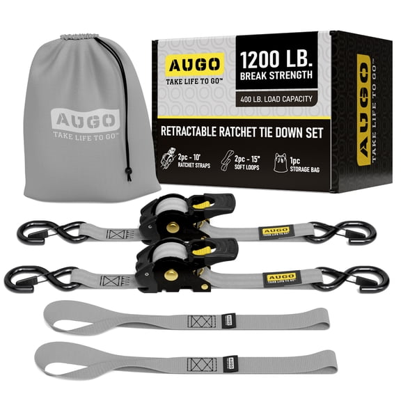 AUGO Retractable Ratchet Straps | 2 Heavy Duty Ratchet Straps Self Retractable Tie Down Straps with Soft Loops & Storage Bag for Motorcycle, Truck, Trailer, Cargo Van |1200 Lb Break Strength 1” x 10’