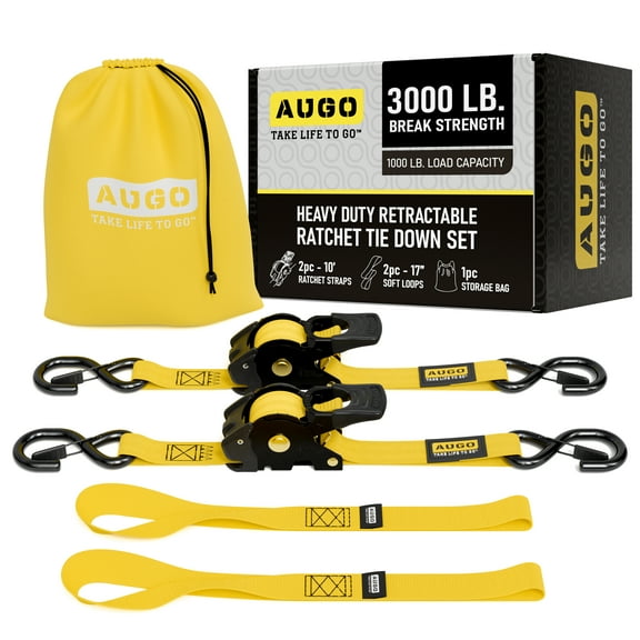AUGO Retractable Ratchet Straps | 2 Heavy Duty Ratchet Straps Self Retractable Tie Down Straps with Soft Loops & Storage Bag for Motorcycle, Truck, Trailer, Cargo Van |3000 Lb Break Strength 2” x 10’