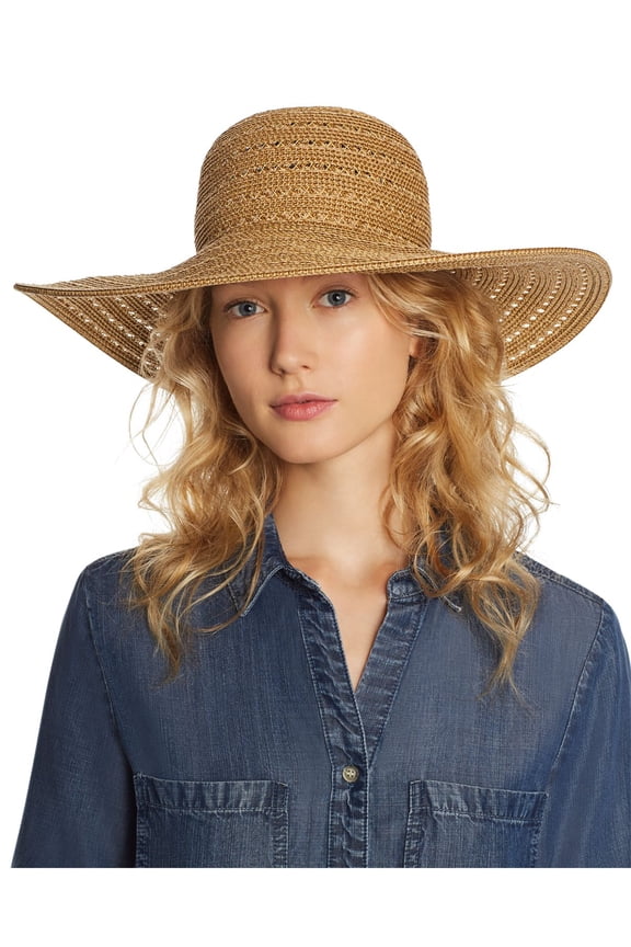 AUGUST HAT CO Womens Beige Polyester Fitted Adjustable Inner Band Metallic Summer Glow Floppy Hat