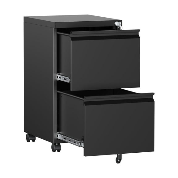 AUHUP 2 Drawer Mobile File Cabinet with Lock, Metal Filing Cabinet with Wheels for Legal/Letter/A4 File, Under Desk File Cabinets for Home Office, Black,Fully Assembled
