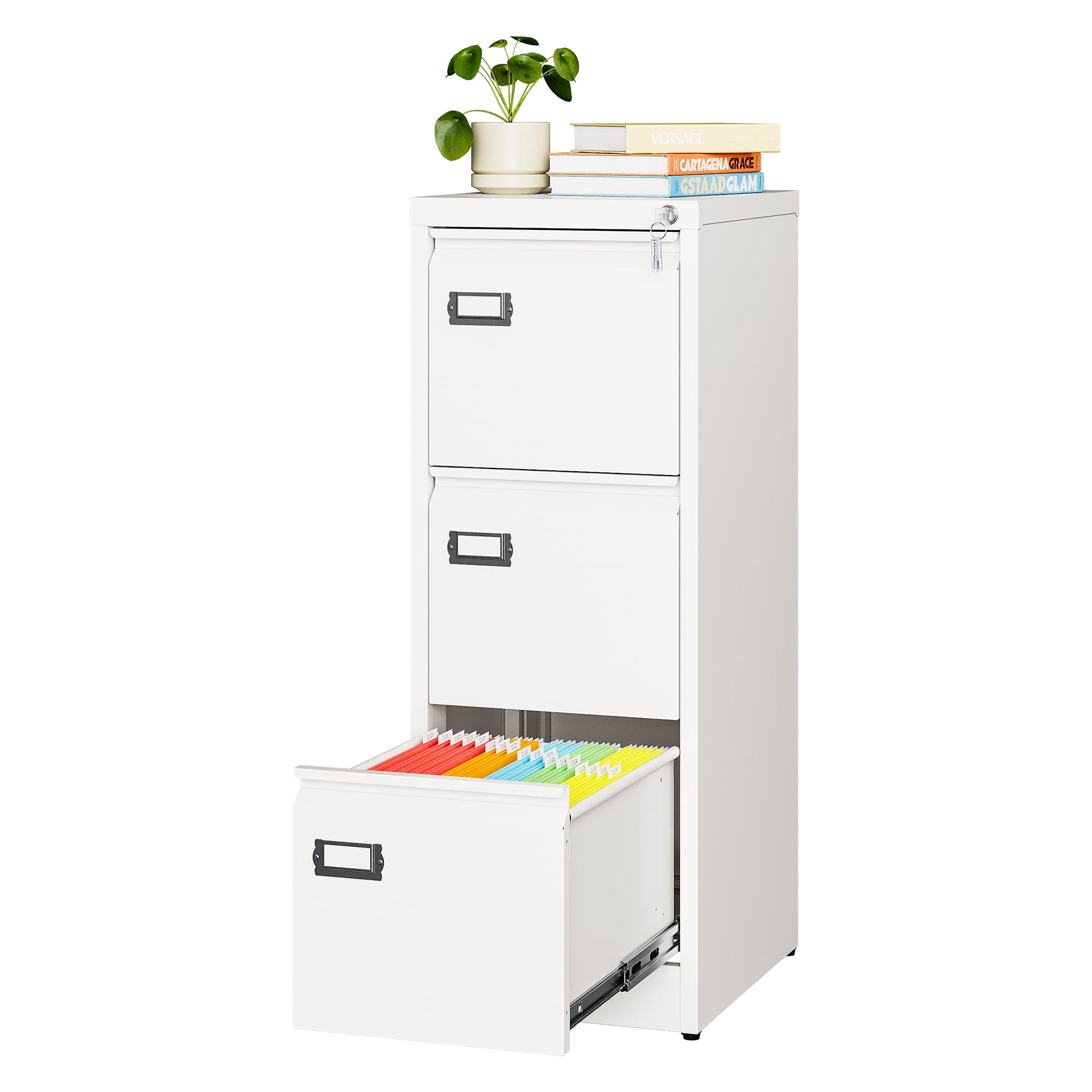 AUHUP 3 Drawer Metal File Cabinet with Lock, White Vertical Filing Storage Cabinet for Home Office