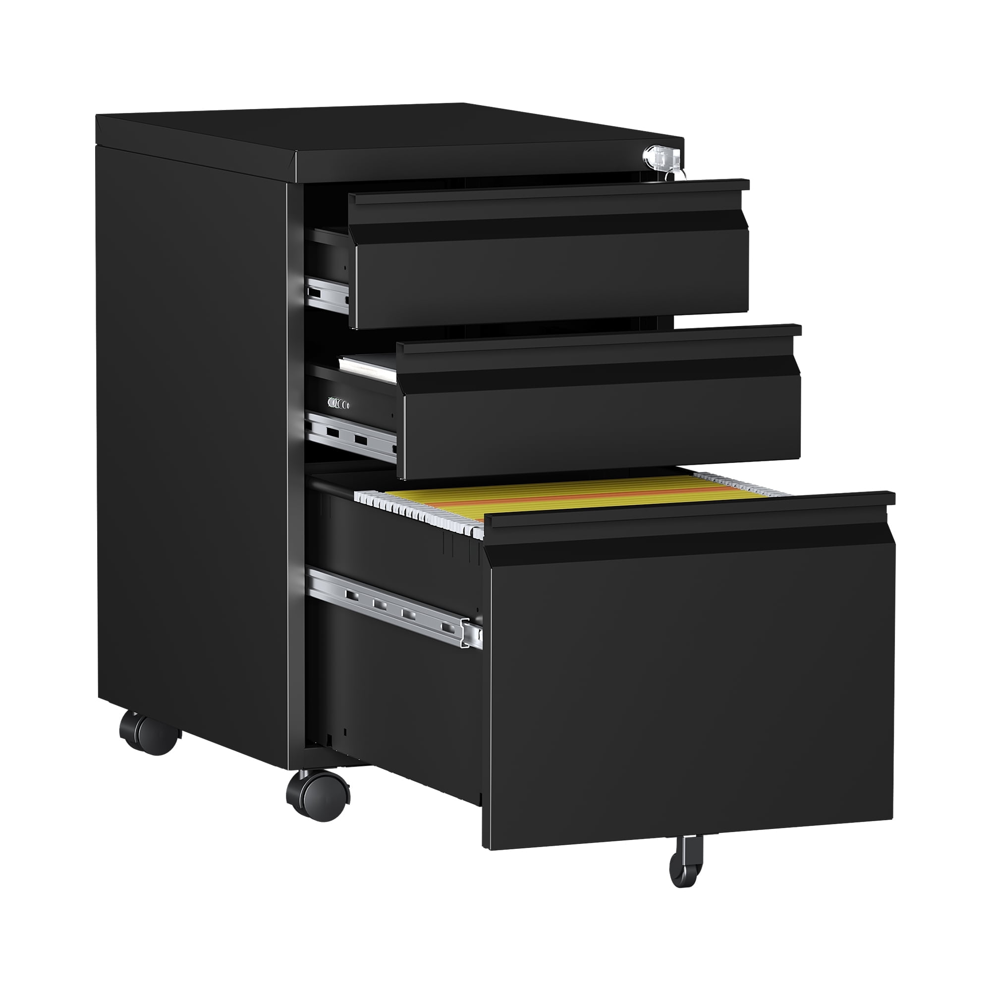 AUHUP 3 Drawer Mobile File Cabinet with Lock, Metal Filing Cabinet with Wheels for Legal/Letter/A4 File, Under Desk File Cabinets for Home Office,Black,Fully Assembled