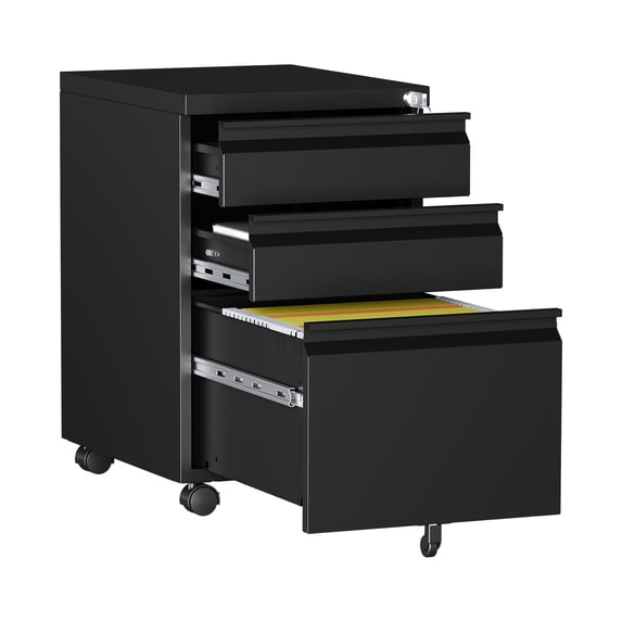 AUHUP 3 Drawer Mobile File Cabinet with Lock, Metal Filing Cabinet with Wheels for Legal/Letter/A4 File, Under Desk File Cabinets for Home Office,Black,Fully Assembled