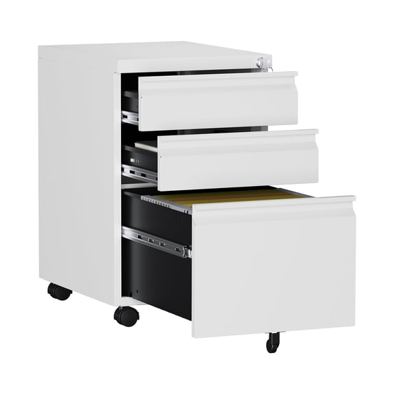 AUHUP 3 Drawer Mobile File Cabinet with Lock, Metal Filing Cabinet with Wheels for Legal/Letter/A4 File, Under Desk File Cabinets for Home Office,White,Fully Assembled