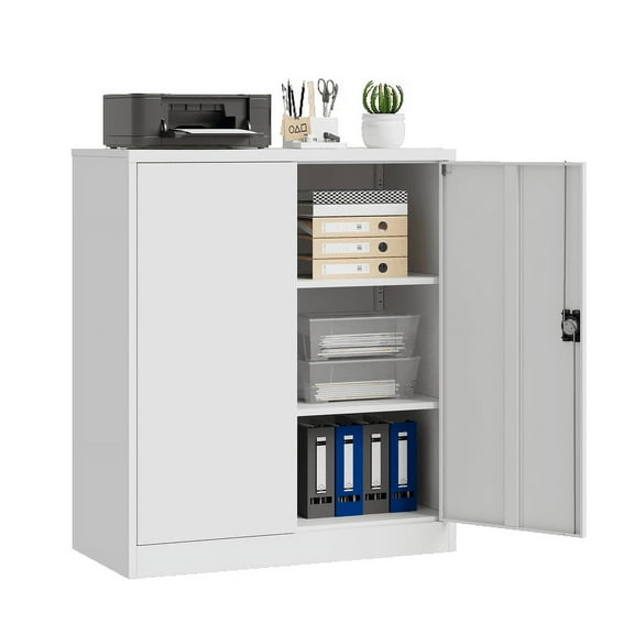 AUHUP 35" Metal Cabinet with 2 Adjustable Shelves, Home Office Storage Cabinets with Locking Doors, File Cabinet for Warehouse,Garage (White)