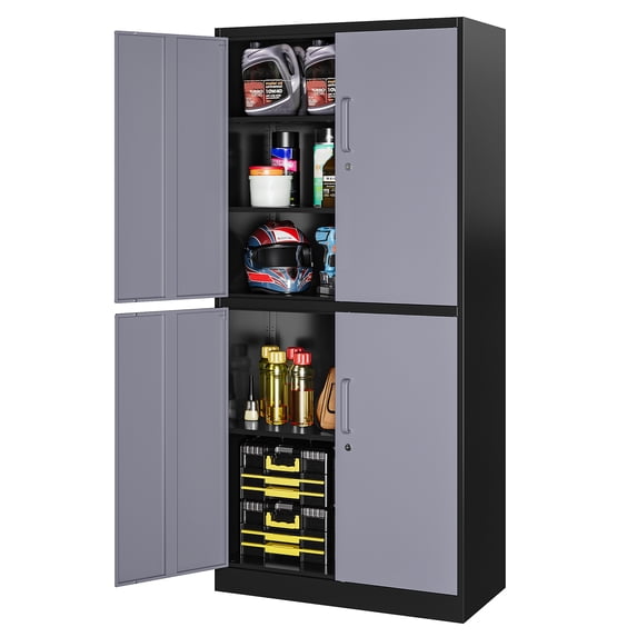AUHUP 4 Doors Garage Storage Cabinets with 3 Adjustable Shelves, 71"H Locking Steel Storage Cabinet for Home Office, Garage,Warehouse,Workshop (Black Gray)