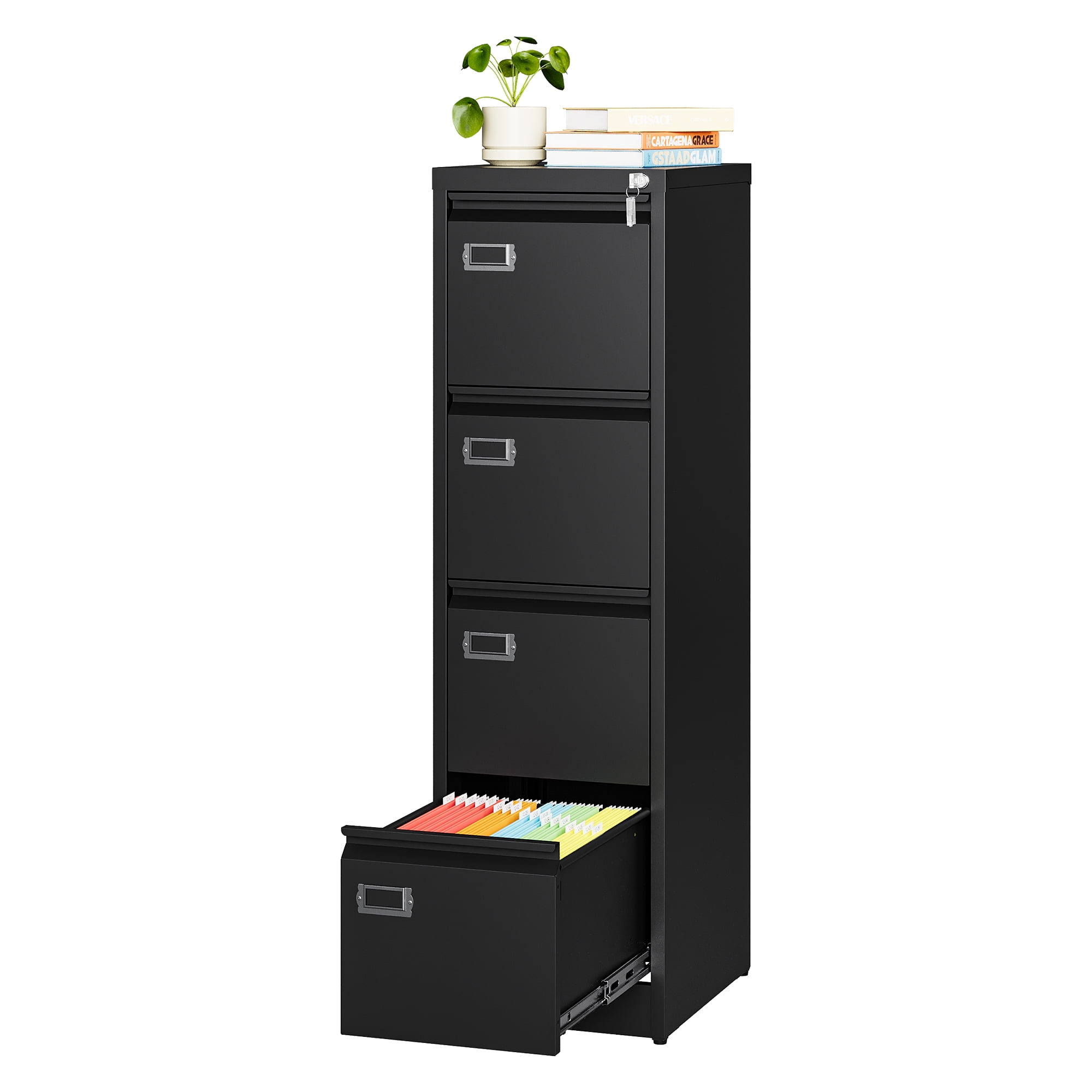 AUHUP 4 Drawer Metal File Cabinet with Lock, Black Vertical Filing Storage Cabinet for Home Office