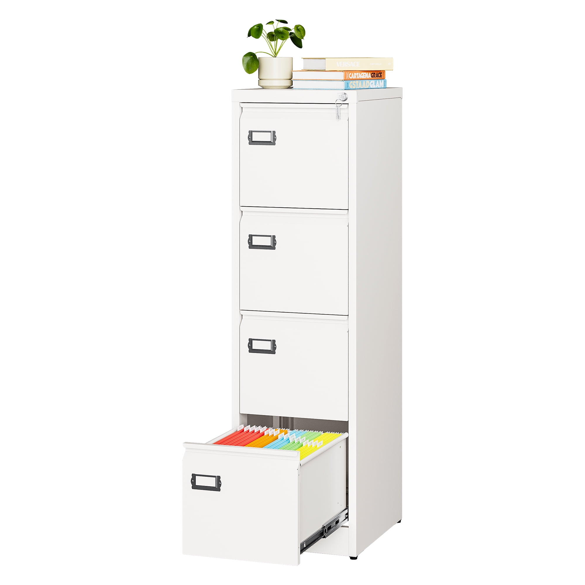 AUHUP 4 Drawer Metal File Cabinet with Lock, White Vertical Filing Storage Cabinet for Home Office