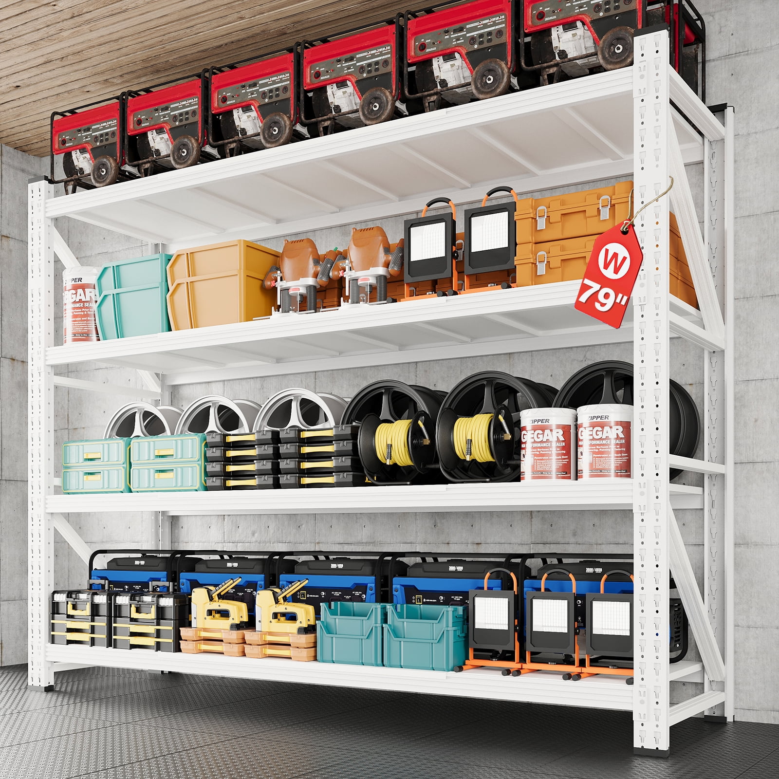 AUHUP 4-Tier Garage Storage Shelves 7000LBS Heavy Duty Metal Shelving 79" W Shelving Unit for Warehouse,Basement Industrial,Commercial Utility Rack Shelf, White, 79"H x 79"W x 24"D