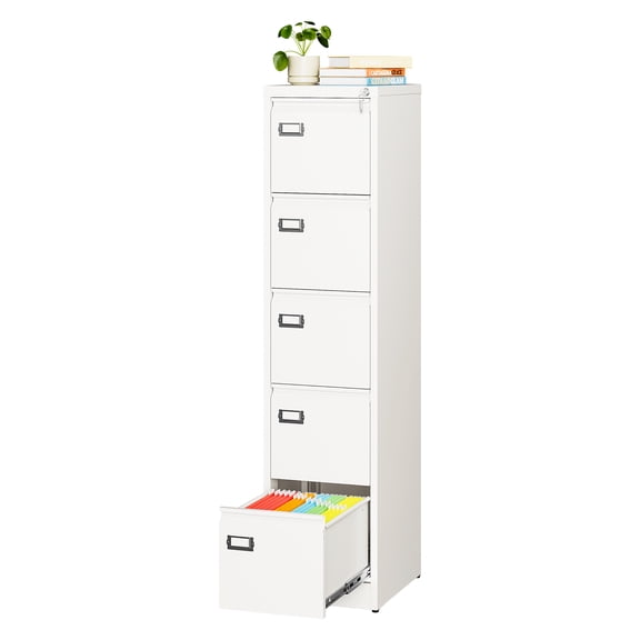 AUHUP 5 Drawer Metal File Cabinet with Lock, White Vertical Filing Storage Cabinet for Home Office