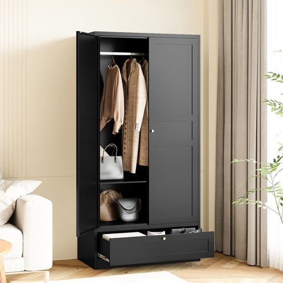 AUHUP 71" Armoire Wardrobe Closet with 1 Drawers, Metal Armoire Closet Clothing Storage Cabinet with Hanging Rod & Adjustable Shelf for Bedroom Dorm(Black)