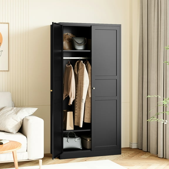 AUHUP 71" Armoire Wardrobe Closet, Metal Armoire Closet Clothing Storage Cabinet with Hanging Rod & Adjustable Shelf for Bedroom Dorm(Black)