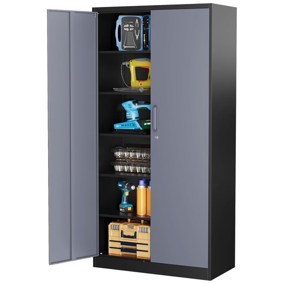 AUHUP 71" Metal Cabinet with Locking Doors and 5 Adjustable Shelves,Black Gray Garage Storage Cabinet for Warehouse, Basement, Home Office, Tool File Storage Utility Cabinets