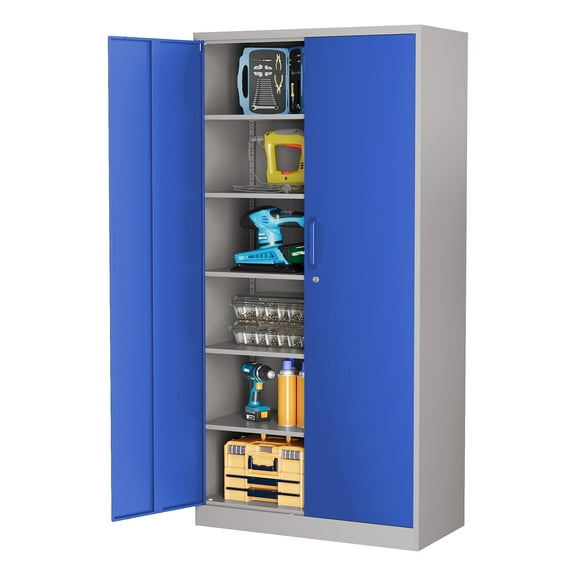 AUHUP 71" Metal Cabinet with Locking Doors and 5 Adjustable Shelves, Gray Blue Garage Storage Cabinet for Warehouse, Basement, Home Office, Tool File Storage Utility Cabinets
