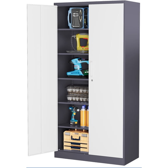 AUHUP 71" Metal Cabinet with Locking Doors and 5 Adjustable Shelves, Gray White Garage Storage Cabinet for Warehouse, Basement, Home Office, Tool File Storage Utility Cabinets