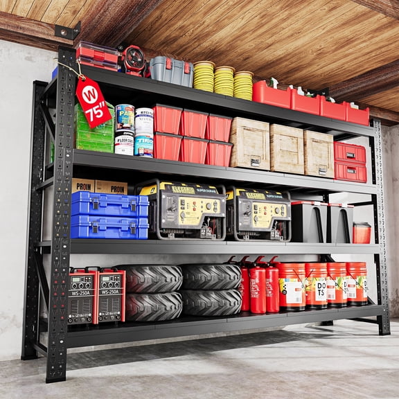 AUHUP 9000LBS 75" W Heavy Duty Metal Shelving 4-Tier Garage Storage Steel Shelves Shelving Unit for Warehouse,Basement Industrial, Commercial Utility Rack Shelf, Black, 75"W x 24"D x 70"H