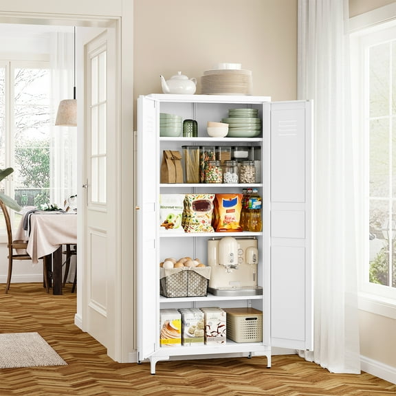 AUHUP Pantry Cabinet with 4 Adjustable Shelve, 61"H White Metal Storage Cabinet for Kitchen, Dining Room, Living Room