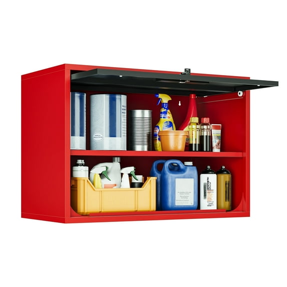 AUHUP Steel Wall Cabinet, Versatile Adjustable Metal Wall Mounted Storage Cabinet Organizer for Garage, Office, Kitchen, Red Black, 31.5"W x 22"H x 16"D