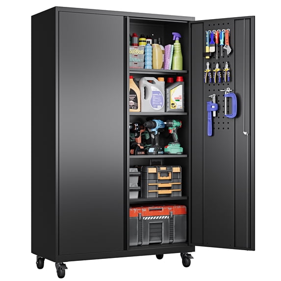 AUHUP Wider & Deeper Metal Storage Cabinet with Wheels,Tall Rolling Garage Storage Cabinet with Pegboards,Black Garage Metal Cabinets with Lock and Shelves, 43''Wx 20''Dx71"H